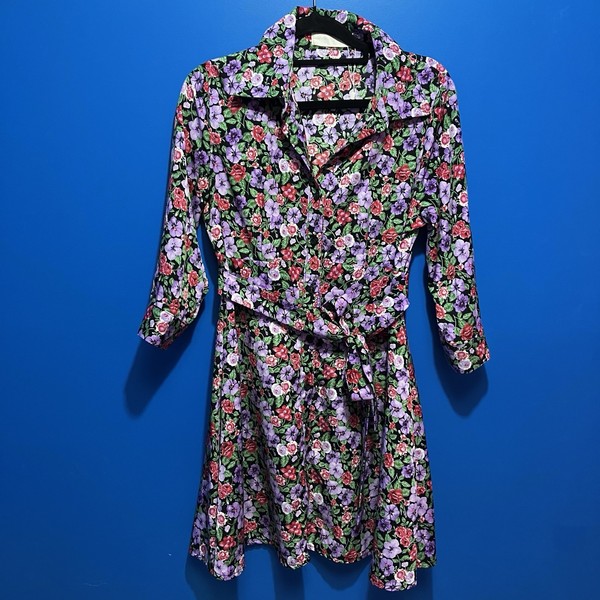 Honeycomb Korea Floral Long Sleeve Mini Shirt Dress Size Small Button Front Blac