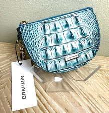 BRAHMIN BRITT MINERAL BLUE TURQUOISE LEATHER KEY FOB CREDIT CARD ZIP COIN HOLDER
