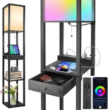 Floor Lamp with Shelves & Drawer, LED Dimmable Floor Lamp with Remote & App & Vo
