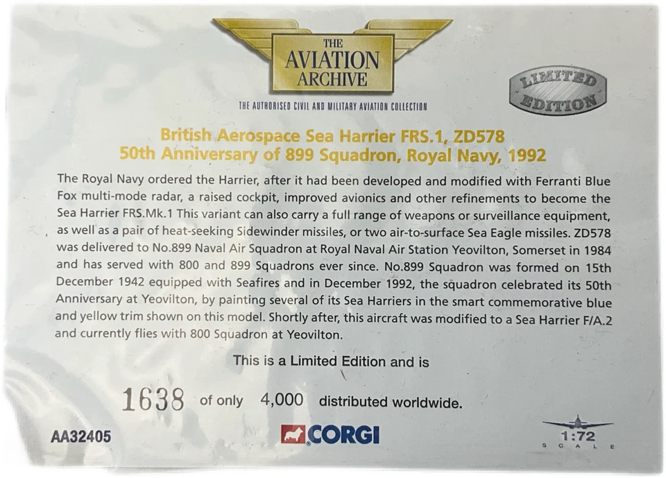 ARCHIVO DE AVIACIÓN CORGI AA32405 SEA HARRIER FRS.1 ZD578 50 ANIVERSARIO 1992 ESCALA 1:72 Foto 4 de 4