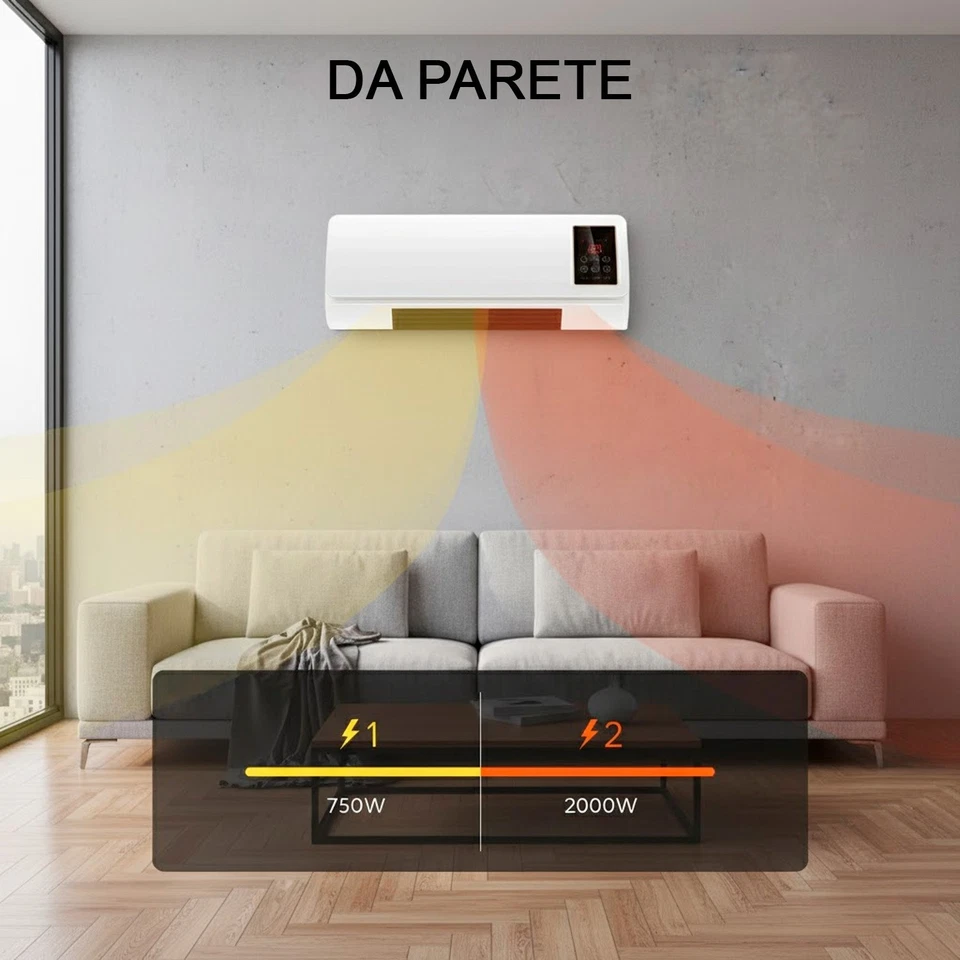 Termoventilatore da parete 2000 W basso consumo stufa da muro elettrica bianco - Immagine 4 di 4