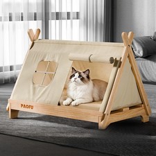 Cat Bed with Window Wooden Cat Tent Bed Elevated Pet House Dogs Bed