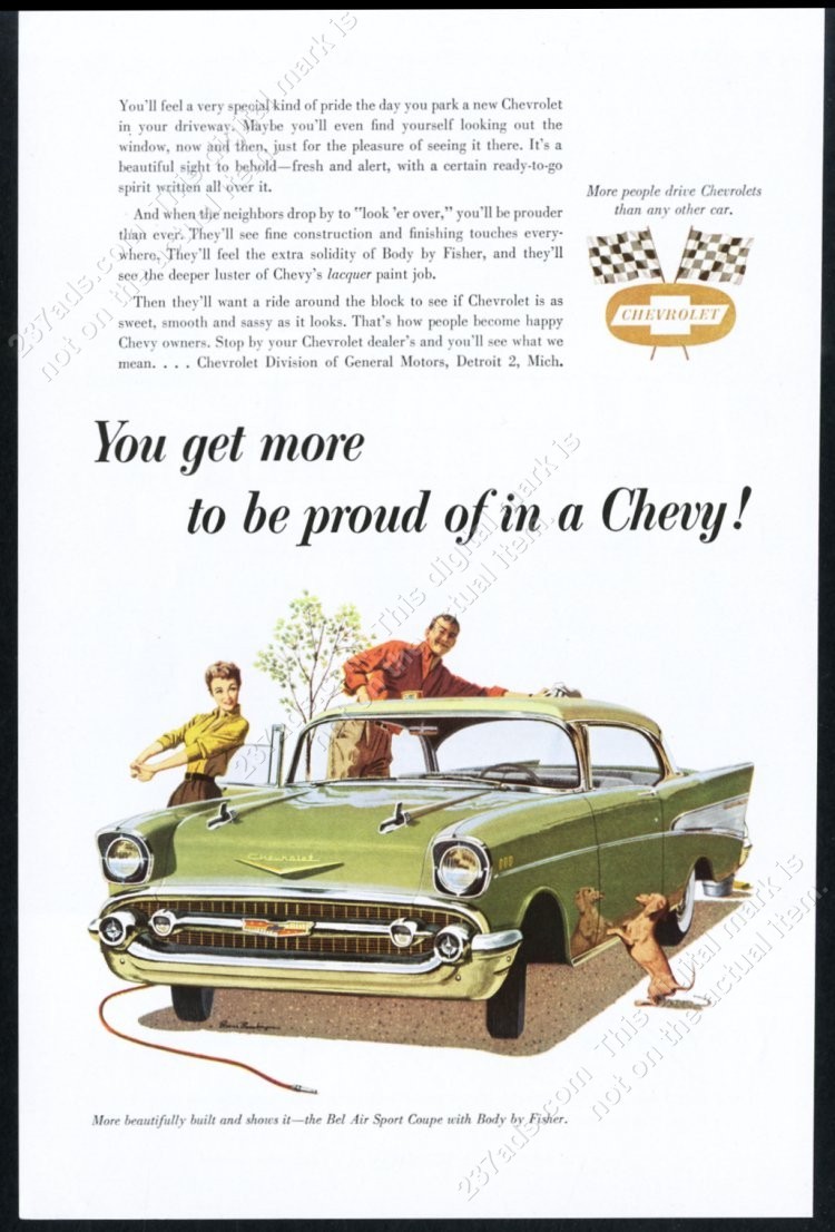 1957 Chevrolet Bel Air coupe green car art Chevy vintage print ad