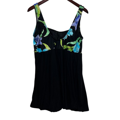 Longitude Womens Black Floral Swimdress 22W One Piece Swimsuit Full Coverage - Picture 1 of 12