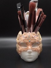 Masked Lady Make Up Brush Container White Sparkle Handmade great gift unique New