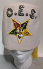 Order of the Eastern Star O.E.S. Fez Hat Off White Felt Rhinestone Yellow Tassel