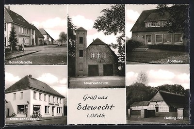 Ansichtskarte Edewecht, Bahnhofstraße, Apotheke, Oelling-Hof, Feuerwehrturm 