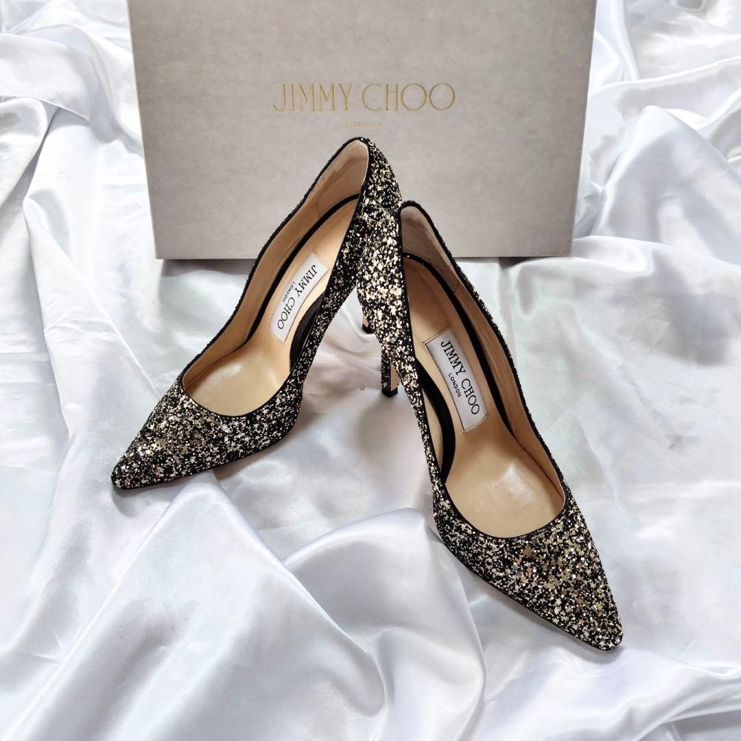 Rare Jimmy Choo Glitter Pumps Black Silver Size EU34 US4 Heel 3.7in