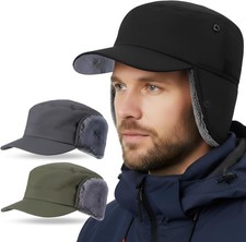 Winter Waterproof Hat with Visor Warm Earflaps Fully Lined Faux Fur Baseball Cap