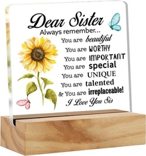 Inspirational Sister Love Floral Acrylic Desk Plaque with Wood Stand Gift Set
