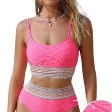 Cupshe Women's Pink Geo Stitch Scoop Bralette  High Waist Bikini Set Size Small