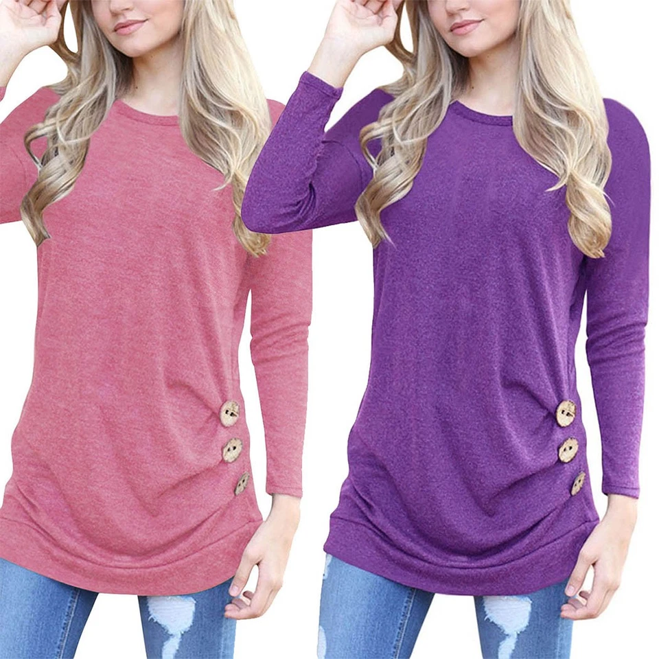 Women Autumn Long Sleeve Loose Trim Blouse Round Neck Tunic T-Shirt Top AU STOCK