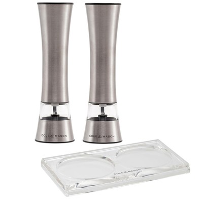 Cole & Mason Elektrische Gewürzmühlen 18 cm Edelstahl Salz Pfeffer Acryl-Tablett