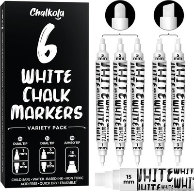 6 White Chalk Markers - Dual tip, Fine & Jumbo Tip (1mm, 3mm, 5mm, 15mm) |
