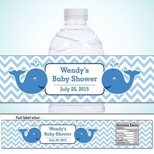 20 Customized Whale Water Bottle Labels, Blue Chevron, Sea, Baby Shower/Birthday