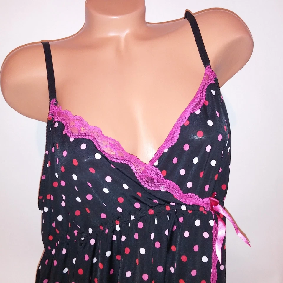 Lencería Cacique Babydoll 22 24 Negro Rosa Lunares Encaje Ribete Flyaway Inalámbrico Foto 4 de 4