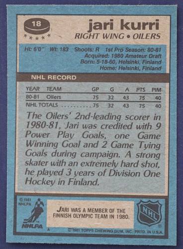 1981-82 Topps #18 Jari Kurri RC MINT OC *inv2 - Picture 2 of 2