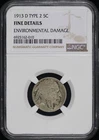 1913-D Type 2 Buffalo Nickel NGC Fine Details Environmental Damage