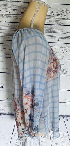 Women’s XS Blouse LC Lauren Conrad Floral Checkered Sheer 3/4 Sleeves Silky - Picture 3 of 11