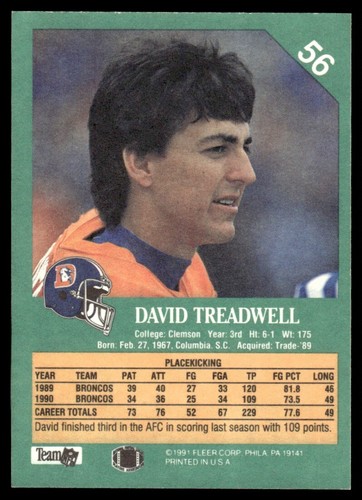 1991 Fleer David Treadwell Denver Broncos #56 - Picture 2 of 2