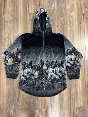Vintage 2XL Natural Reflections Wolf Pack Snow Wolves Fleece Sherpa Hoodie AOP