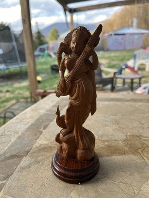 Vintage hand carved wood statuette Hindu deity Devi Saraswati 7 Inches Tall VGC