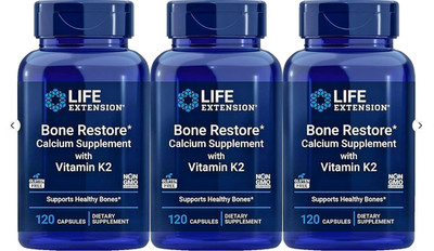 3Pack Bottles Life Extension Bone Restore Calcium Supplement w/Vitamin K2.