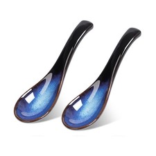 Asian Soup Spoon Set, Blue Japanese Ceramic Chinese 