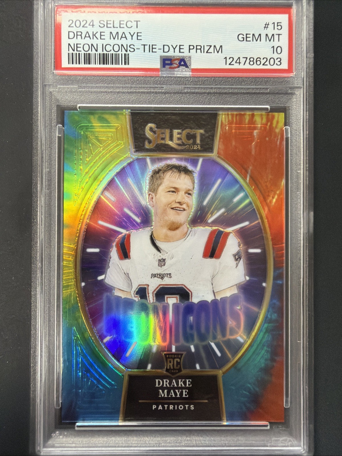 2024 Panini Select Tie-Dye Neon Icons Drake Maye PSA 10 #15 RC /25