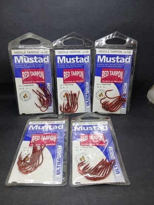5packs Mustad #1/0 Red Tarpon Fishing Hook 7766NPNR