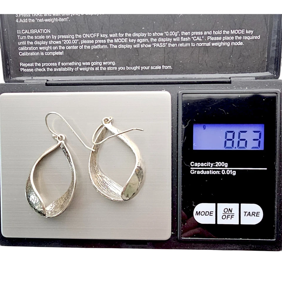 Sterling Silver 925 Twist Earrings Large Teardrop Hammered Finish Hook 8.63g - Image 3 of 4