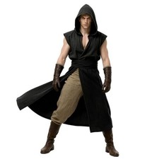 Medieval Hooded Sleeveless Tunic Tabard Renaissance Viking Vest Large Black