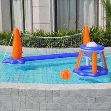Inflatable Volleyball Court and Basketball Hoop Set for Summer Pool Activities