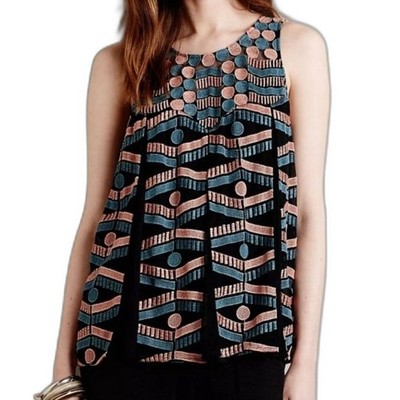 Anthropologie Akemi + Kin Embroidered Kalila Tank Blouse Pleated Geometric sz S
