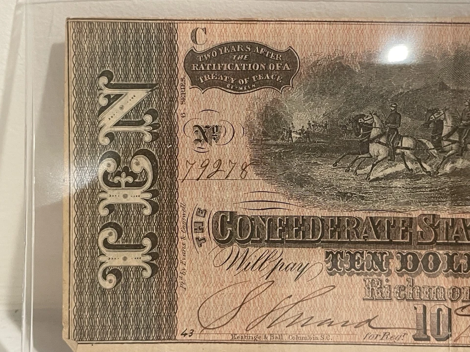 1864 Confederate States $10 Bill T-68 Richmond Civil War Currency CSA Note - Image 3 of 4