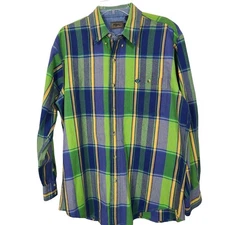  Roper Brush Popper Vtg Green Blue Plaid Gaucho Western Rodeo Shirt Cowboy L