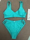 Teal Bikini V Neck High Rise High Cut Bottoms Gold Embellishing Size Small NWT S — photo 1