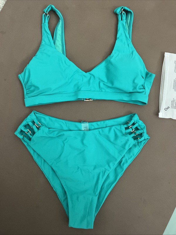 Teal Bikini V Neck High Rise High Cut Bottoms Gold Embellishing Size Small NWT S