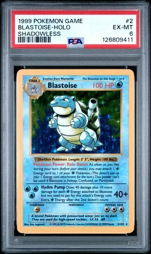 1999 POKEMON GAME SHADOWLESS #2 BLASTOISE-HOLO PSA 6