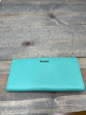 ROOTS Womens Slim Tab Bifold Wallet. Green Organizer With ID Card Saffiano Lagoo