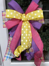 Handmade Large Pink Purple Yellow Plaid Pattern Bow for Spring or Easter Wreath