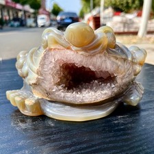 Cristallo di quarzo geode agata ametista naturale 1,87 libbre intagliato a mano rospo dorato