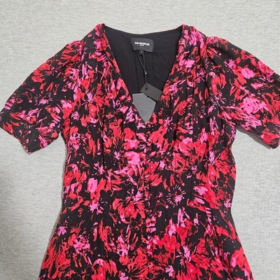 The Kooples Firework Print Midi Dress Black Red Pink V-Neck Size 1 FROB24151K