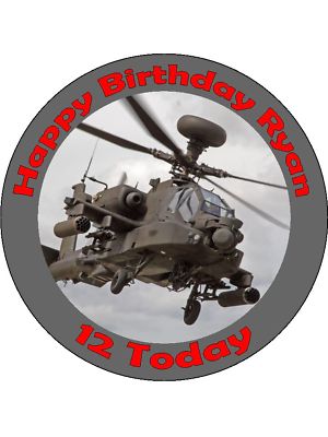 Apache military army helicopter edible birthday cake topper round UK