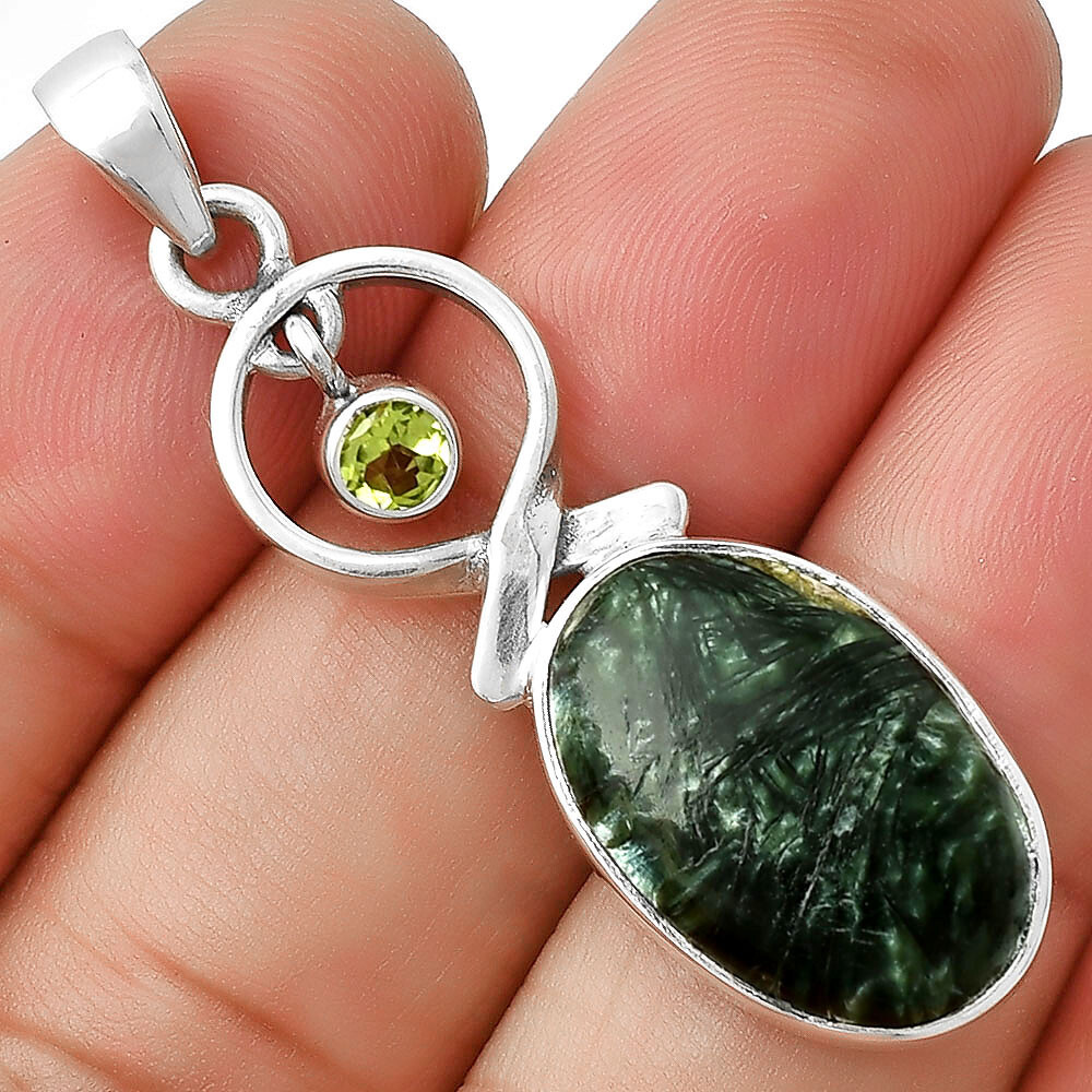 Sterling Silver Beaded Seraphinite Oval Pendants Sterling Silver Beaded Seraphinite Oval Pendants