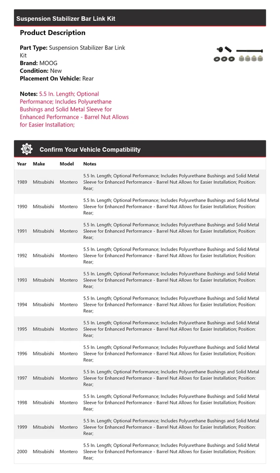 Kit de enlace de barra estabilizadora de suspensión trasera MOOG para Mitsubishi Montero 1989-2000 Foto 2 de 4