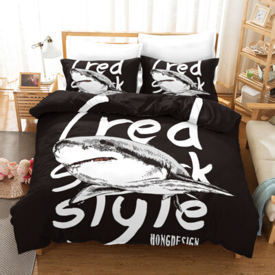 3D Hai Handgezeichnet Muster Schwarz Quilt Cover Set Bettwäsche Sets Kissenbe...