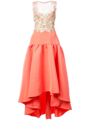 green emerald velvet dress Marchesa Notte Embroidered Lace Midi Dress