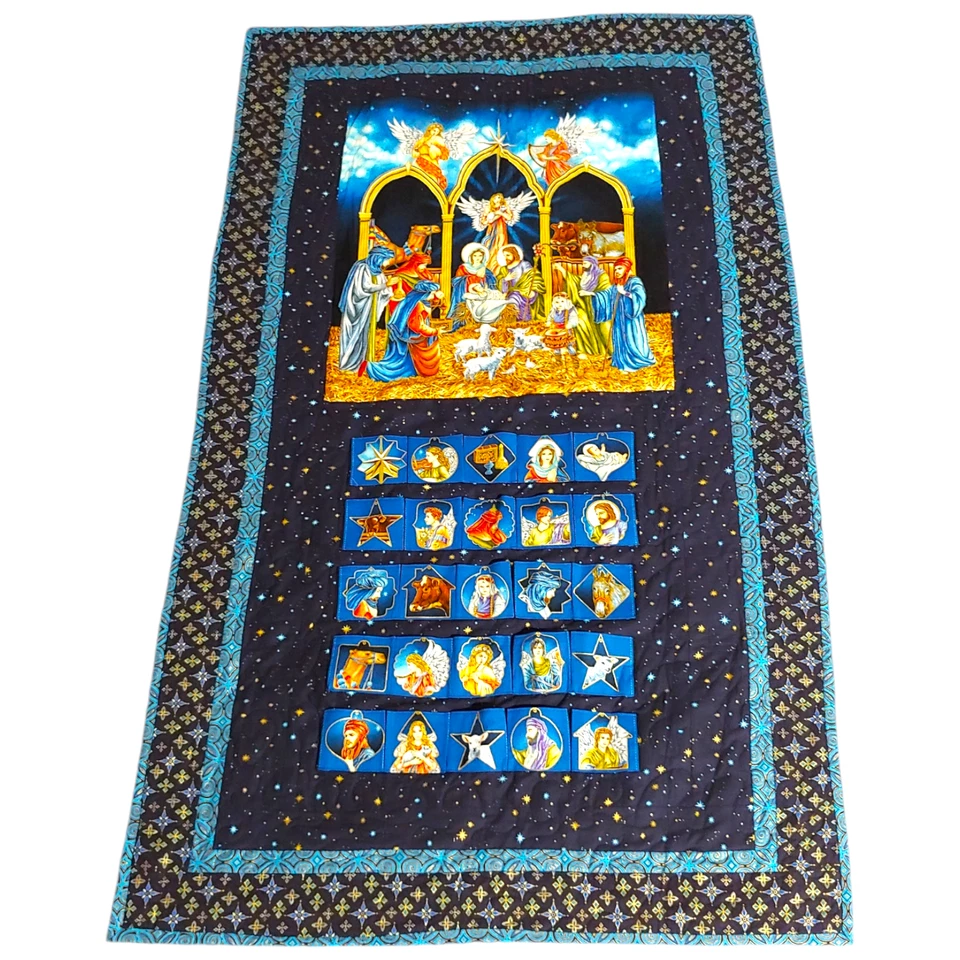 Missouri Star Nativity Advent Calendar Quilt - 34x57 Wall Hanging Blue Christmas - Image 2 of 4