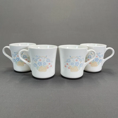 Corning Country Cornflower Mugs 3 5/8" Set Of 4 Blue Floral Dots Ribbons